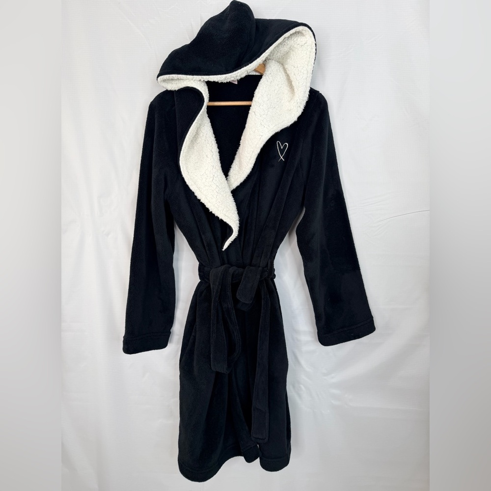 Victoria’s‎ Secret Plush Fleece Hooded Robe Black White Sherpa Tie Waist M/L